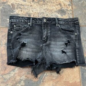 Distressed True Craft Black Denim Shorts